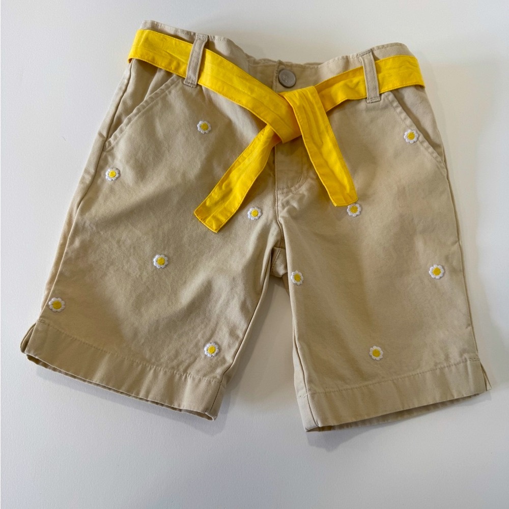 Beige Shorts with Yellow Belt and Floral Embroidery